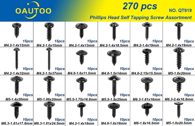 Alt view image 3 of 5 - 270 Pcs Automotive Body Screw Assortment Kit, Phillips Head Self-Tapping Washer Head Screws, #8 #10 #12 #14