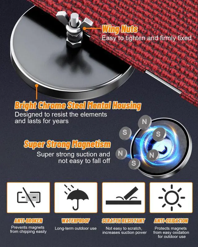 Alt view image 4 of 7 - 8Pack Magnetic Flag Holder 3.2" Strong Round Base Magnet | 100lbs Magnets with 0.27" Center Hole for Mounting with Assemblable M6 Bolt Nut Washers and Wing Nuts for Wire Loop Flags