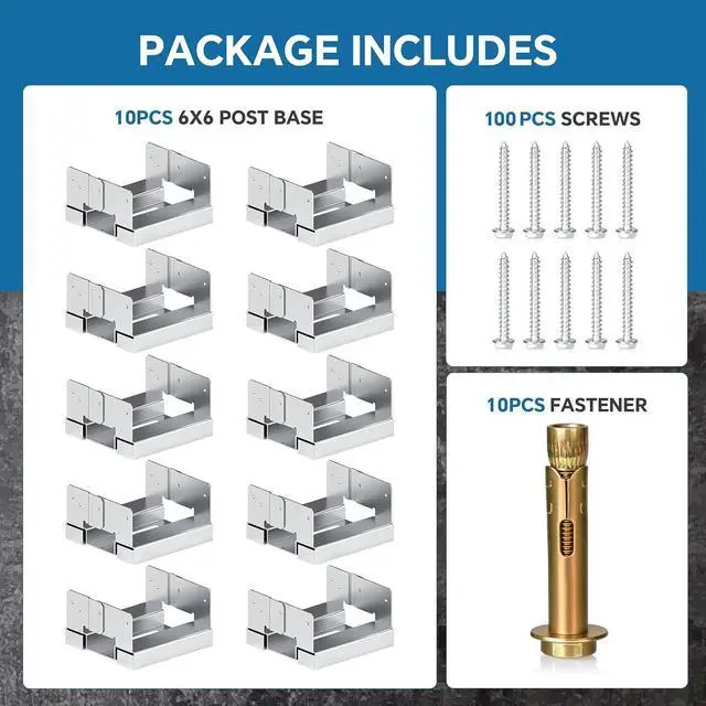 Alt view image 2 of 7 - 6x6 Galvanized Post Base for Concrete, 10 Pack Post Deck Base Anchor | Post Base Holder for 5.5x5.5 Wood, with 1" Standoff for Deck Gazebo, Pergola, Porch, Includes 10 Fastener & 100 Screws