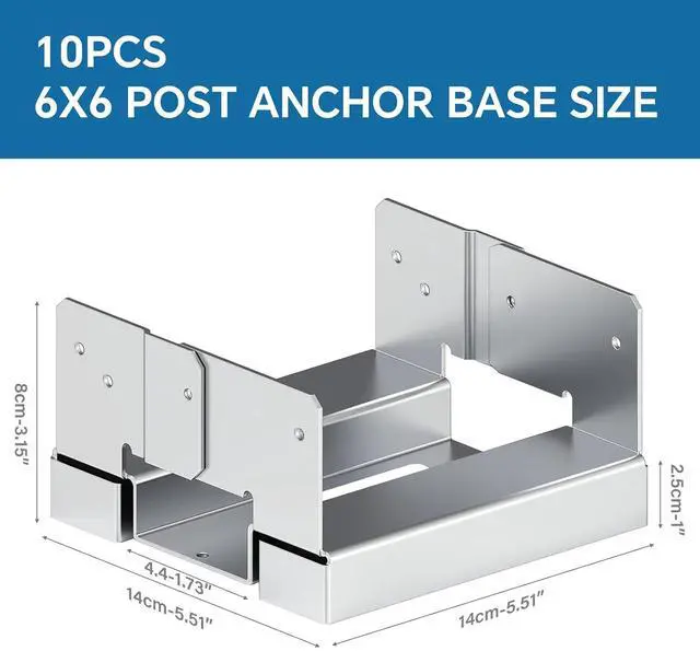 Alt view image 4 of 7 - 6x6 Galvanized Post Base for Concrete, 10 Pack Post Deck Base Anchor | Post Base Holder for 5.5x5.5 Wood, with 1" Standoff for Deck Gazebo, Pergola, Porch, Includes 10 Fastener & 100 Screws