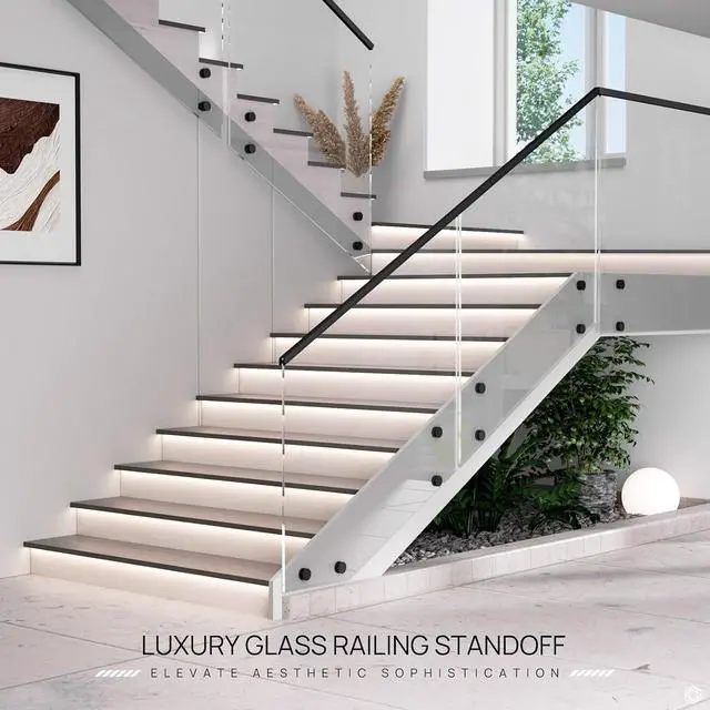 Alt view image 4 of 7 - 10 Pack Marine Grade SS316 Solid Heavy Duty Glass Railing Standoff | Glass Standoff Mounts for Balcony, Stair, Balustrade Railing, Matte Black Frameless Glass Bracket