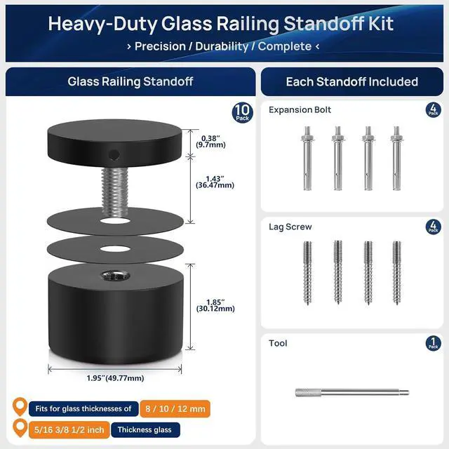 Alt view image 5 of 7 - 10 Pack Marine Grade SS316 Solid Heavy Duty Glass Railing Standoff | Glass Standoff Mounts for Balcony, Stair, Balustrade Railing, Matte Black Frameless Glass Bracket