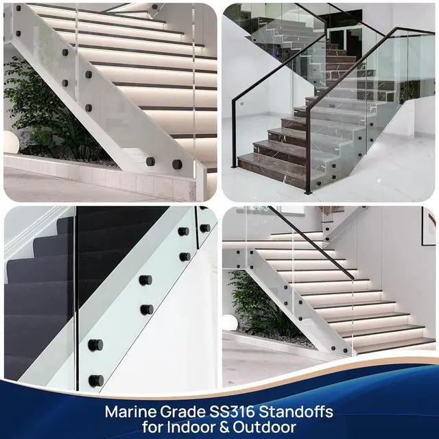 Alt view image 6 of 7 - 10 Pack Marine Grade SS316 Solid Heavy Duty Glass Railing Standoff | Glass Standoff Mounts for Balcony, Stair, Balustrade Railing, Matte Black Frameless Glass Bracket