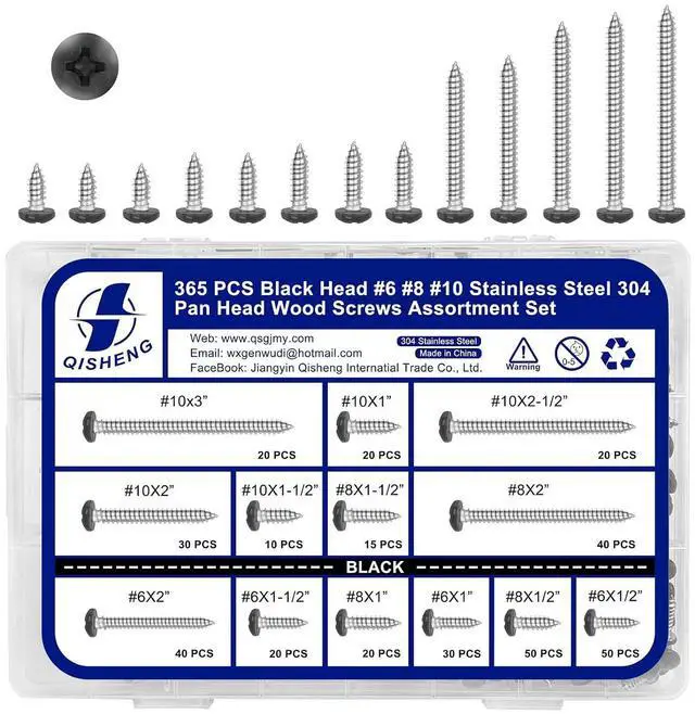 Main image of 365 PCS #6#8#10 Black Painted Phillips Pan Head Wood Screws Assortment Set, Stainless Steel 304 Fastener Kit for Cabinetry & Woodworking