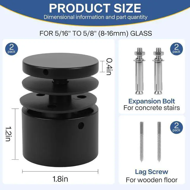 Alt view image 2 of 7 - Glass Railing Standoff - 12 Pack Marine Grade SS316 Innovative Matte Black Standoffs for Balcony Stair Railing Modern Design Clamp Comes with Mounting Wrench