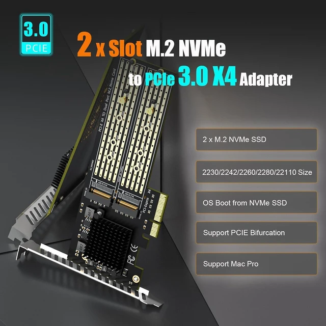 Alt view image 2 of 7 - PA20 Dual M.2 NVMe to PCIe 3.0 X4 Adapter with PCIe Bifurcation, Setup Soft M.2 NVMe RAID via OS Tool (Support 22110/2280 Size)