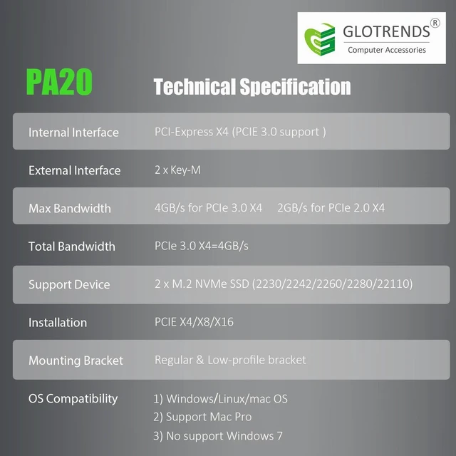 Alt view image 7 of 7 - PA20 Dual M.2 NVMe to PCIe 3.0 X4 Adapter with PCIe Bifurcation, Setup Soft M.2 NVMe RAID via OS Tool (Support 22110/2280 Size)