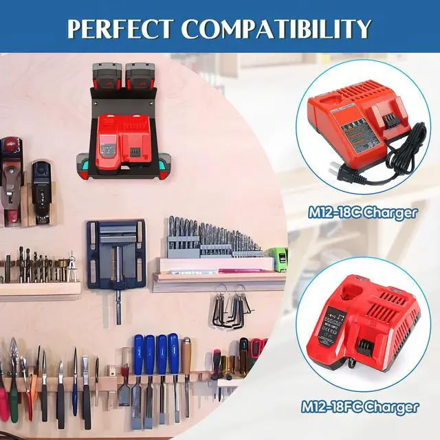 Alt view image 2 of 7 - 2-Pack Wall Mount for Milwaukee M18 Battery and M12-18 C/FC Charger | Sturdy Steel Rack | Holds 8 Batteries & 2 Charger | Features Heat Vents, Cord Management & Ergonomic Tilt for Easy Access