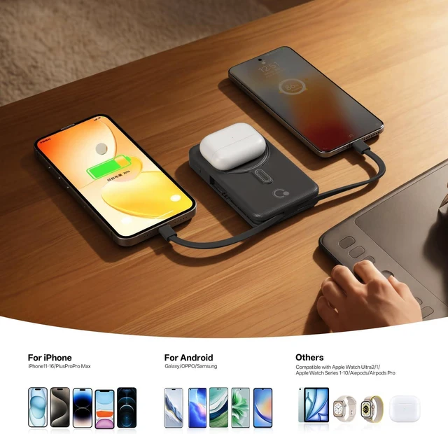 Alt view image 5 of 6 - Magnetic Wireless Portable Charger 10,000mAh, Travel Essentials Power Bank with Built-in Cables & Foldable Stand, External Battery Pack Compatible with iPhone 17/16/15/14/13/12, Watch
