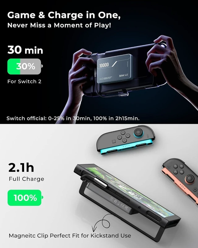 Alt view image 2 of 7 - B5 Magnetic Power Bank 10000mAh for Switch 2 2025, 30W PD Fast Charging Portable Battery Pack for Switch/OLED/iPhone 12-17, 3.5-8H Extended Playtime, 2 Removable Clips & 2 USB-C Cables