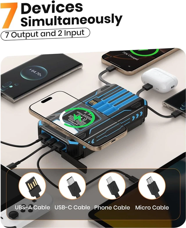 Alt view image 2 of 7 - Solar Power Bank 48000mAh Wireless Battery Pack with 4 Cables