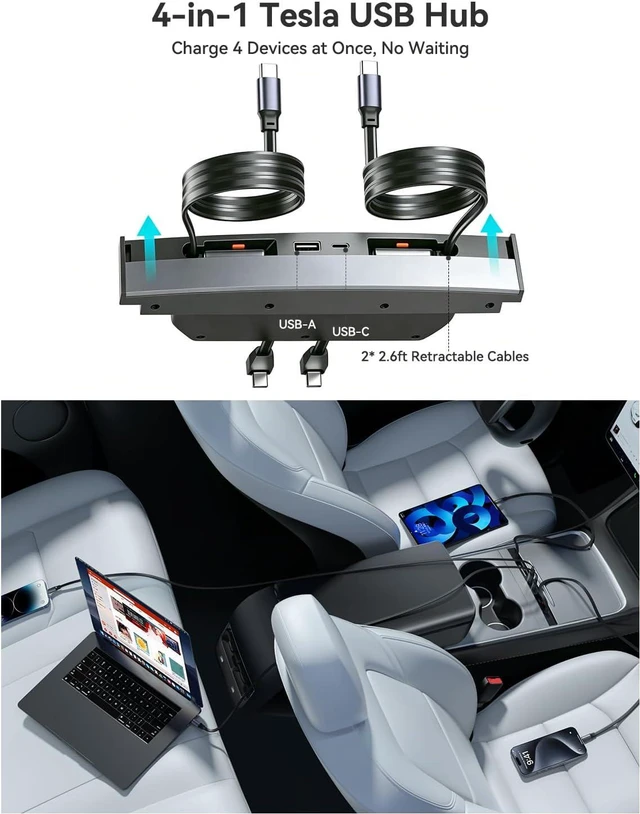 Alt view image 2 of 7 - 4-in-1 Phone Charger USB Hub for Tesla Model Y 2021-2024 &Model 3 2021-2023