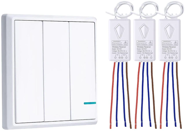 Main image of Wireless Lights Switch Kit, 3 Gang Wall Switch with Mini Receiver