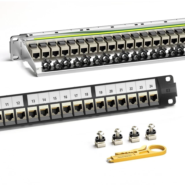 Main image of AMPCOM CAT7 Keystone Patch Panel 24-Port 1U with 10G Shielded Ethernet Inline Coupler - 19 Inch Rackmount &Wall Mount with Rear Support Bar