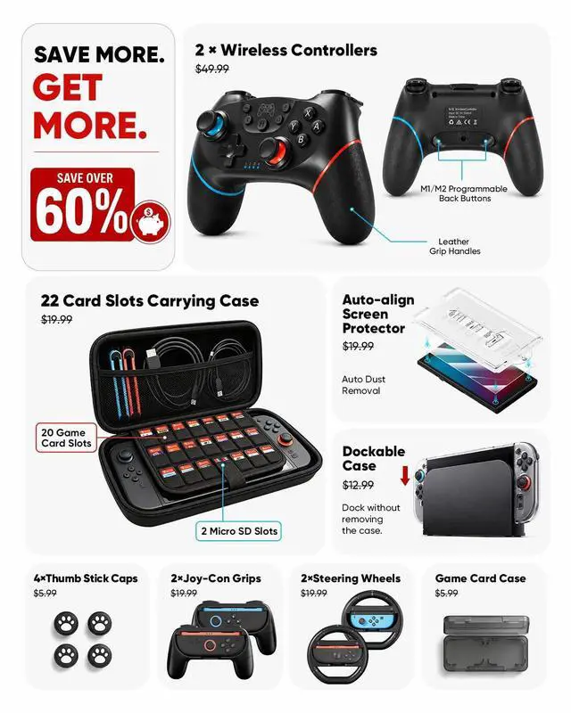 Alt view image 2 of 7 - Wireless Pro Controllers Accessories Bundle for Switch 2 18-in-1 | Screen Protector, Carrying Case, Dockable Console Protective Cover, Thumb Grip for Joycon, Steering Wheel, Switch2 Game Kit