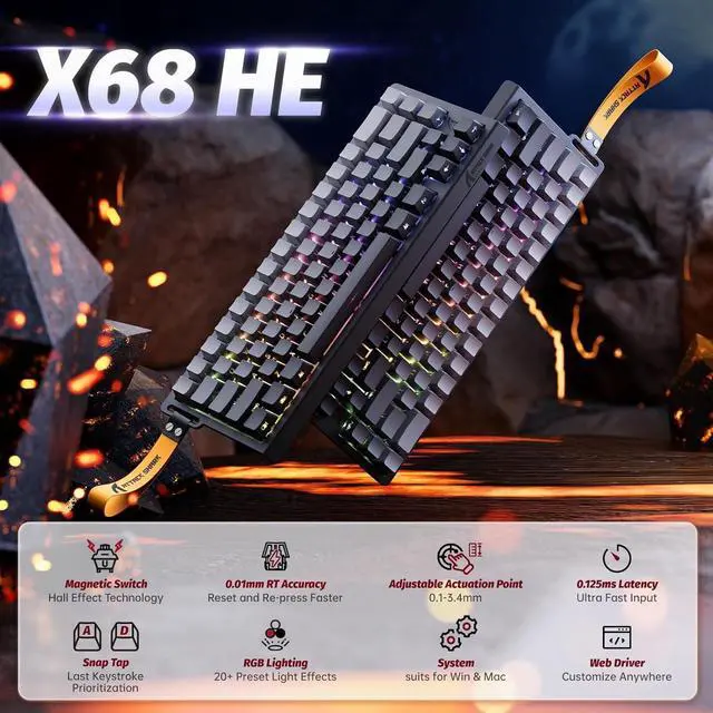 Alt view image 2 of 7 - X68 HE 8KHZ Rapid Trigger Keyboard Magnetic Switch,0.01 mm RT Accuracy,Wired RGB 60% Gaming Keyboard TKL with Adjustable Actuation,Snap Tap,Coiled Cable,for PC/Mac(Moon Night)