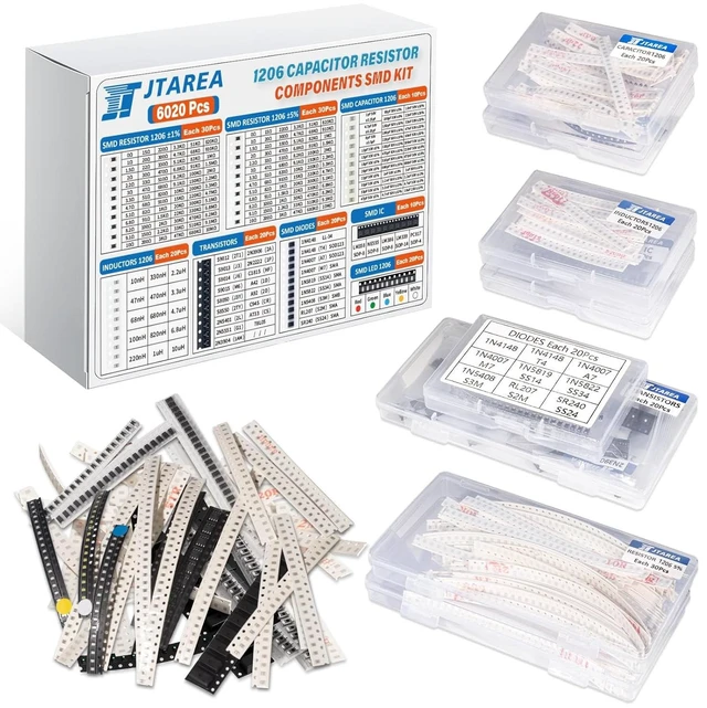 Main image of 6020-Piece SMD 1206 Resistors & Components Kit, Resistors, Capacitors, LEDs, ICs