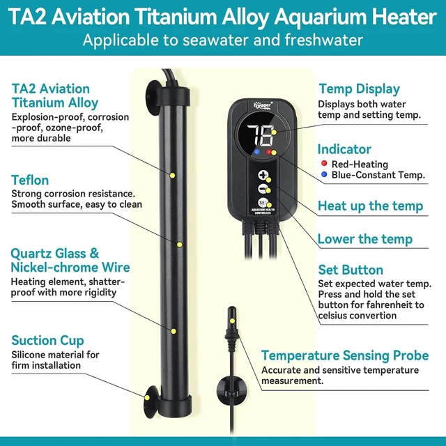 Alt view image 3 of 6 - 300W Titanium Aquarium Heater with Digital LED Controller & Temperature Probe for 50-60 Gallon Freshwater & Saltwater Tanks