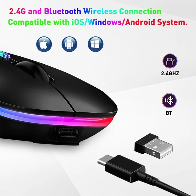 Alt view image 3 of 14 - KUNSI Wireless Bluetooth Mouse, Rechargeable Bluetooth and 2.4G Wireless Mouse with RGB Light, Silent Mouses for Laptop/Desktop/Tablet-Black