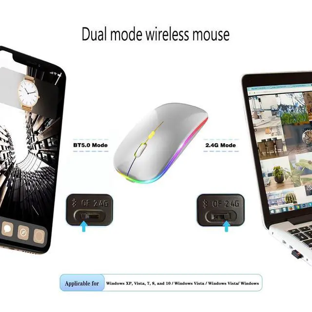 Alt view image 7 of 7 - Wireless Bluetooth Mouse Rechargeable Laptop Mice with LED Lights Silent Slim Use(BT5.2 and 2.4G Portable USB Receiver)Dual Mode Computer Mouse for Laptop/iPad/Tablet/Apple/Computer/Mac(Silver)