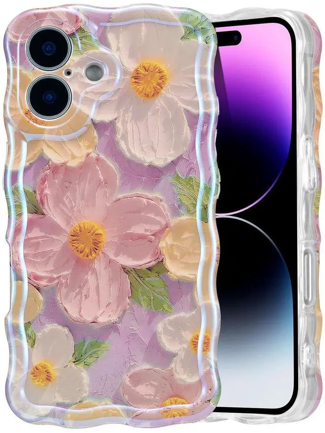 Main image of Case for iPhone 16, Colorful Retro Oil Painting Printed Flower Laser Glossy Pattern Cute Curly Wave Edge Exquisite Phone Cover Stylish Durable TPU Protective Case for Girl Women-Pink