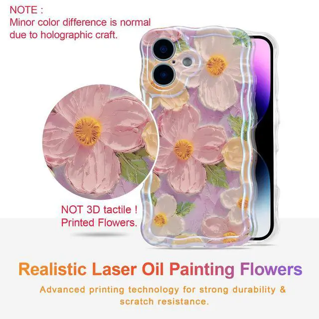 Alt view image 2 of 7 - Case for iPhone 16, Colorful Retro Oil Painting Printed Flower Laser Glossy Pattern Cute Curly Wave Edge Exquisite Phone Cover Stylish Durable TPU Protective Case for Girl Women-Pink