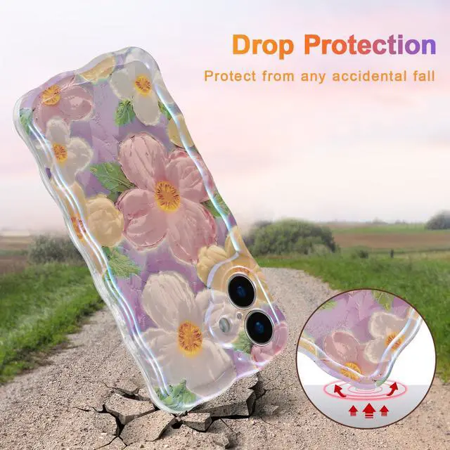 Alt view image 3 of 7 - Case for iPhone 16, Colorful Retro Oil Painting Printed Flower Laser Glossy Pattern Cute Curly Wave Edge Exquisite Phone Cover Stylish Durable TPU Protective Case for Girl Women-Pink