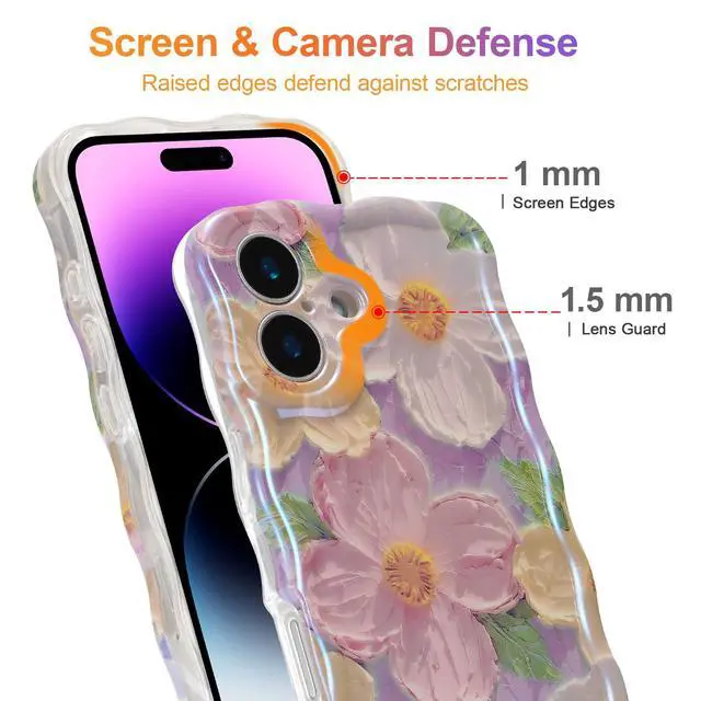 Alt view image 4 of 7 - Case for iPhone 16, Colorful Retro Oil Painting Printed Flower Laser Glossy Pattern Cute Curly Wave Edge Exquisite Phone Cover Stylish Durable TPU Protective Case for Girl Women-Pink