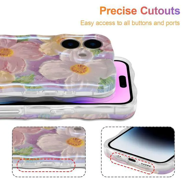 Alt view image 5 of 7 - Case for iPhone 16, Colorful Retro Oil Painting Printed Flower Laser Glossy Pattern Cute Curly Wave Edge Exquisite Phone Cover Stylish Durable TPU Protective Case for Girl Women-Pink