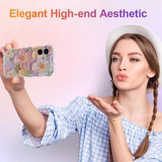 Alt view image 7 of 7 - Case for iPhone 16, Colorful Retro Oil Painting Printed Flower Laser Glossy Pattern Cute Curly Wave Edge Exquisite Phone Cover Stylish Durable TPU Protective Case for Girl Women-Pink