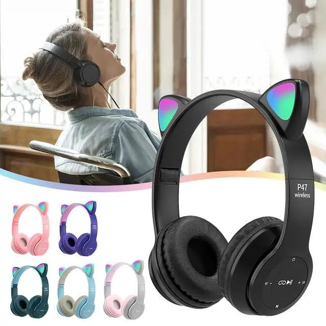 Alt view image 6 of 7 - Bluetooth Gaming Headset, Cat Ear LED Light Up Over-Ear Headphones, Bluetooth 5.0 Wireless Gaming Headset, Foldable Lightweight Over-Ear Headset for Learning & Entertainment, with Wired Mode