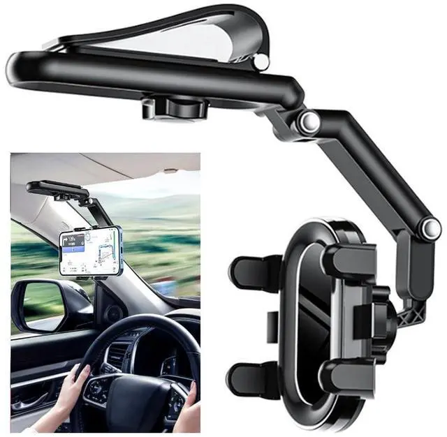 Main image of SOEWIOU Car Phone Holder, Multifunctional Adjustable Rearview Mirror Cell Phone Holder for Car Home Kitchen, 360° Rotatable and Retractable Car Phone Mount Compatible with Most Cell Phones (Black)