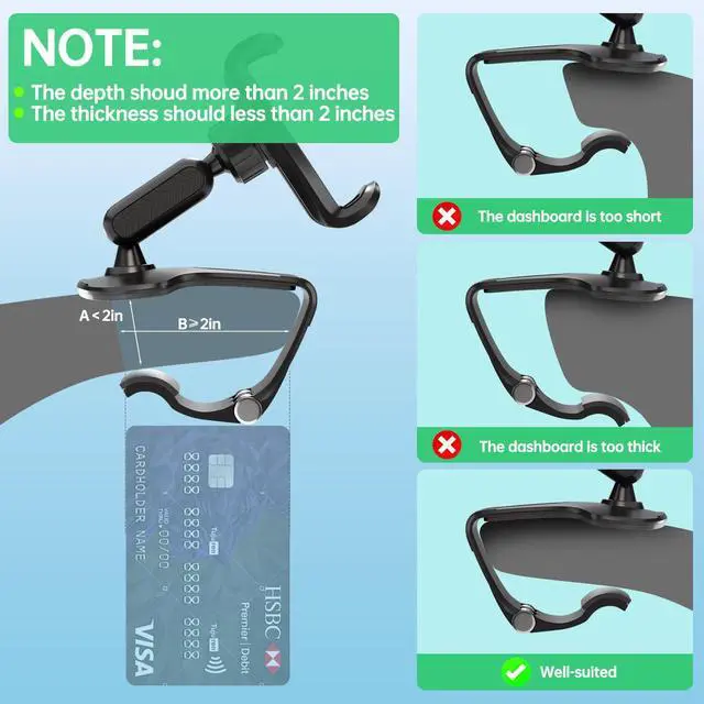 Alt view image 2 of 6 - CHDFKKD Phone Mount for Car Dashboard, 360 Degree Rotation Universal Cell Phone Holder for Car Clip Mount Stand Suitable for 4 to 7" Smartphones (Standard Black)