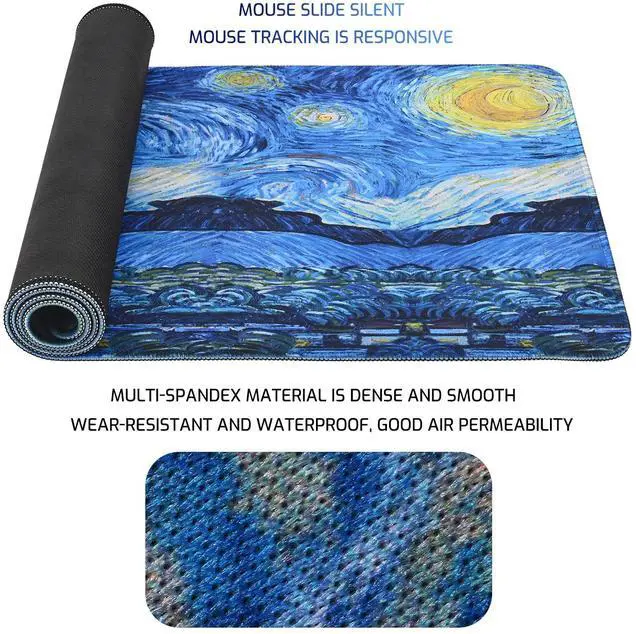 Alt view image 5 of 7 - Mouse Pad, Van Gogh Starry Night Extended Large Gaming Mouse Pad, 31.4"x11.8" Non-Slip Rubber Base XL Large Mousepad with Stitched Edges,Waterproof Keyboard Mouse Mat Desk Pad