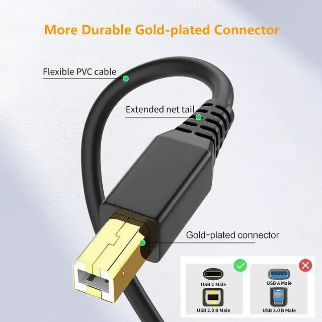 Alt view image 2 of 7 - USB-B to USB-C Printer Cable 6.6FT Gold-Plated USB Type B to Type C Cord for MacBook Pro/Air USB C MIDI Cable for Yamaha Piano DJ Controller Keyboard Printer