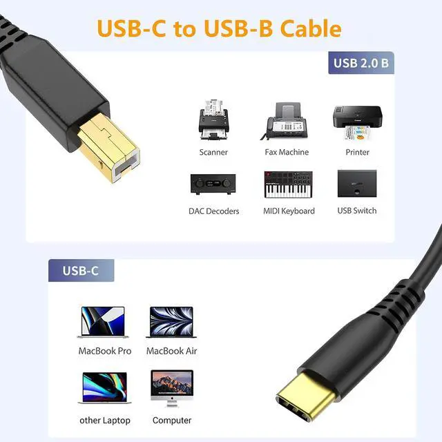 Alt view image 6 of 7 - USB-B to USB-C Printer Cable 6.6FT Gold-Plated USB Type B to Type C Cord for MacBook Pro/Air USB C MIDI Cable for Yamaha Piano DJ Controller Keyboard Printer