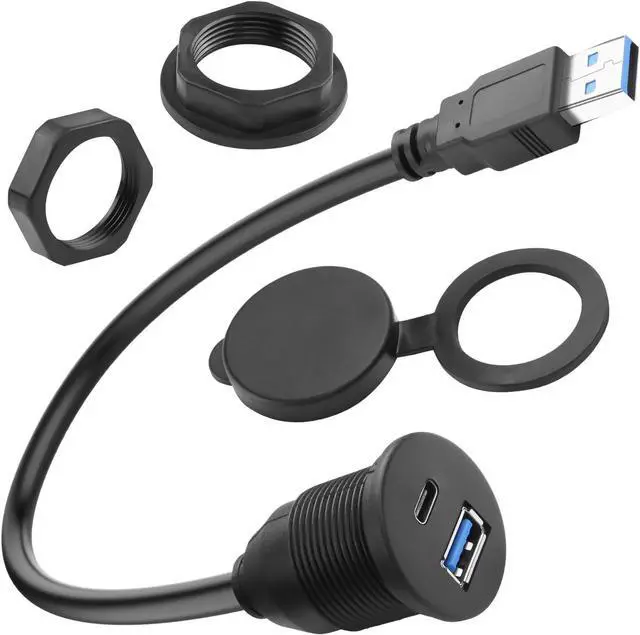 Main image of 2-in-1 USB3.0 to USB3.0 & USB C Threaded Fixed Adapter Short Cable 5GBps Type A Male to A + C Female Embedded Mount 1 to 2 Connector 5V3A Charging Mounted Car/RV Dashboard 30cm/11.8in