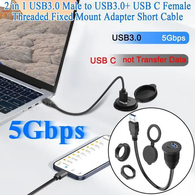 Alt view image 4 of 6 - 2-in-1 USB3.0 to USB3.0 & USB C Threaded Fixed Adapter Short Cable 5GBps Type A Male to A + C Female Embedded Mount 1 to 2 Connector 5V3A Charging Mounted Car/RV Dashboard 30cm/11.8in