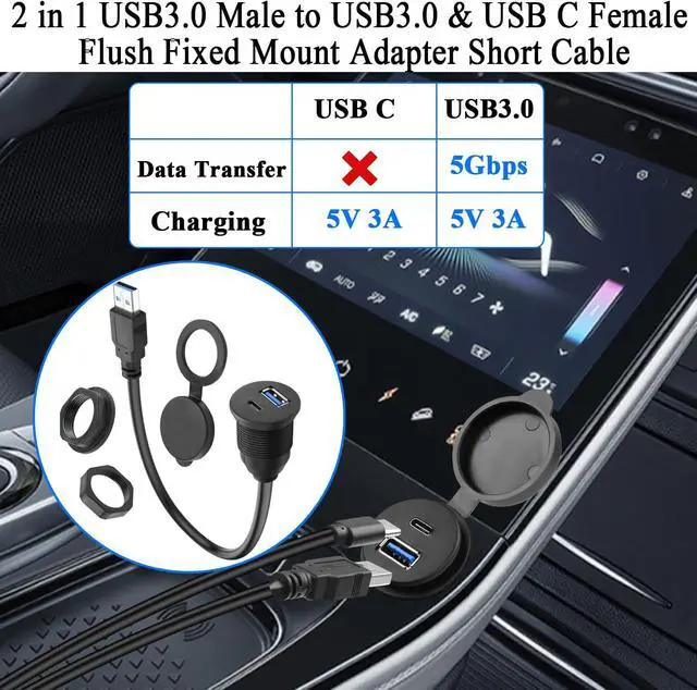 Alt view image 5 of 6 - 2-in-1 USB3.0 to USB3.0 & USB C Threaded Fixed Adapter Short Cable 5GBps Type A Male to A + C Female Embedded Mount 1 to 2 Connector 5V3A Charging Mounted Car/RV Dashboard 30cm/11.8in