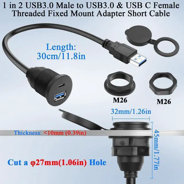 Alt view image 6 of 6 - 2-in-1 USB3.0 to USB3.0 & USB C Threaded Fixed Adapter Short Cable 5GBps Type A Male to A + C Female Embedded Mount 1 to 2 Connector 5V3A Charging Mounted Car/RV Dashboard 30cm/11.8in