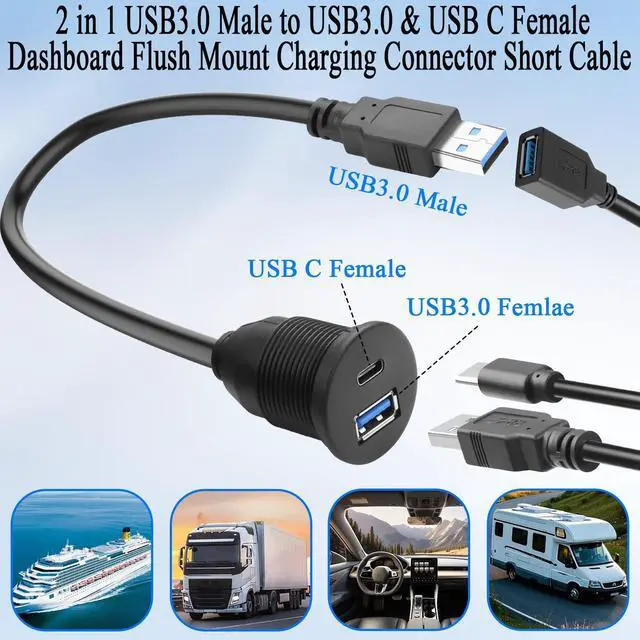 Alt view image 2 of 6 - 2-in-1 USB3.0 to USB3.0 & USB C Threaded Fixed Adapter Short Cable 5GBps Type A Male to A + C Female Embedded Mount 1 to 2 Connector 5V3A Charging Mounted Car/RV Dashboard 30cm/11.8in