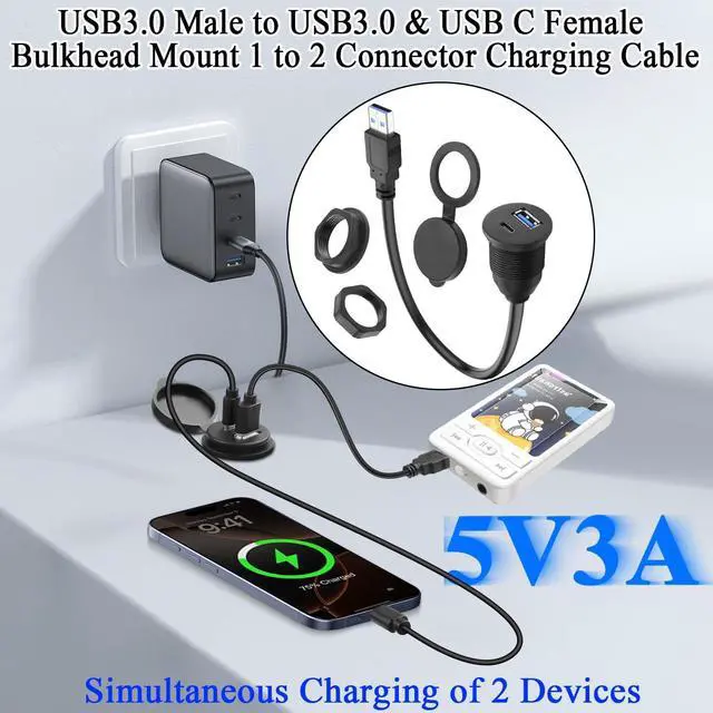 Alt view image 3 of 6 - 2-in-1 USB3.0 to USB3.0 & USB C Threaded Fixed Adapter Short Cable 5GBps Type A Male to A + C Female Embedded Mount 1 to 2 Connector 5V3A Charging Mounted Car/RV Dashboard 30cm/11.8in