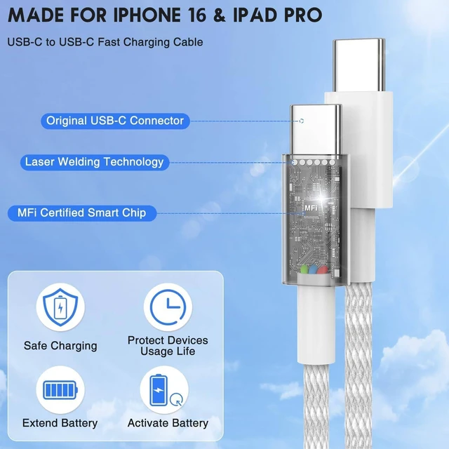 Alt view image 4 of 7 - USB C to C Fast Charger Cable 10ft Long Type C to USB C Charging Cord Wire for iPhone 17 Pro Max/17 Air/16 Pro/15 Plus MacBook Pro 2021/2020/2019/2018 iPad 12.9/11 inch/Mini/Air Samsung Galaxy