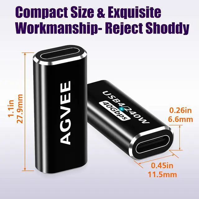 Alt view image 7 of 7 - 2 Pack USB4 Type-C Female to Female Adapter PD 240W Quick Charge USB 4.0 40G Data Coupler Extender Extension Connector for TB4 TB3 MacBook Pixel 2 3 4 5 S24 S23 S22 Black