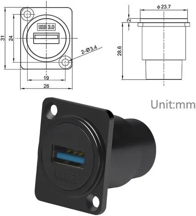 Alt view image 6 of 6 - USB 3.0 Panel Mount Adapter D Type with Waterproof Cover - Female to Female Speed up to 5Gbps for Data Transfer External Hard Disk File Transfer Mouse Keyboard