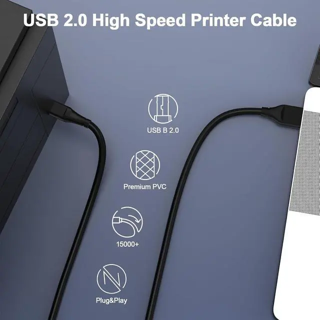 Alt view image 2 of 7 - Printer Cable 10 Feet USB2.0 High Speed USB A to USB B Cable for Printer/Scanner OfficeJet PhotoSmart Laserjet Envy Deskjet Pixma Epsom Workforce/Stylus/Expression Home