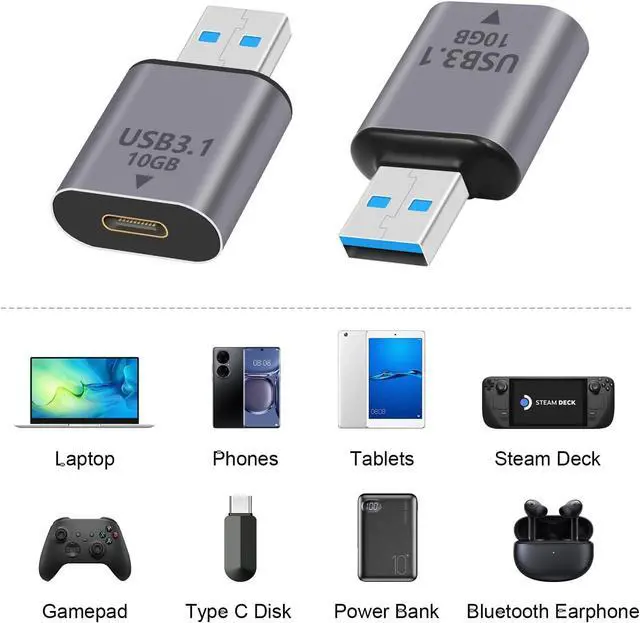 Alt view image 5 of 7 - 10GB USB 3.1 Male to USB C Female Adapter Bi-Directional Type C Female to Type A Male Adapter Suitable for PC Laptop Smartphones Power Bank Tablets (Grey 2-Pack)