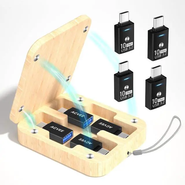 Main image of Magnetic Bidirectional USB to USB-C Adapter with Effortless Bamboo Storage Box Quick Access USBC Type C Converter Office Organization Black