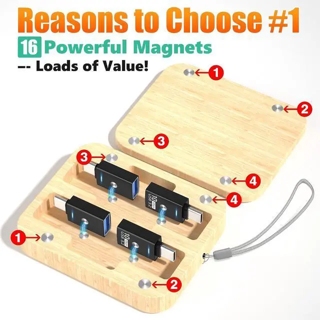 Alt view image 2 of 7 - Magnetic Bidirectional USB to USB-C Adapter with Effortless Bamboo Storage Box Quick Access USBC Type C Converter Office Organization Black