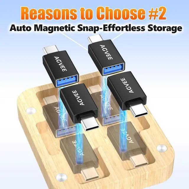 Alt view image 3 of 7 - Magnetic Bidirectional USB to USB-C Adapter with Effortless Bamboo Storage Box Quick Access USBC Type C Converter Office Organization Black